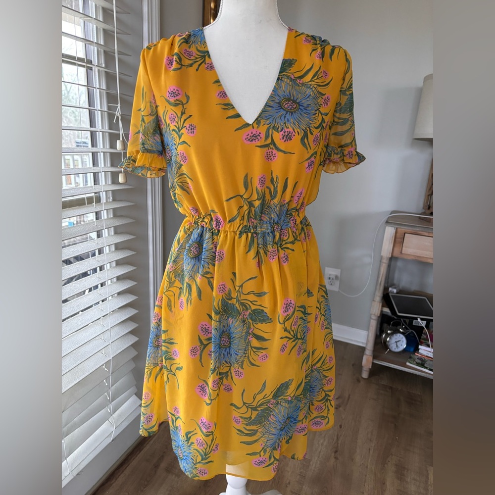 Madewell Sweetgrass Ruffle sleeve dress yellow floral size 00 EUC